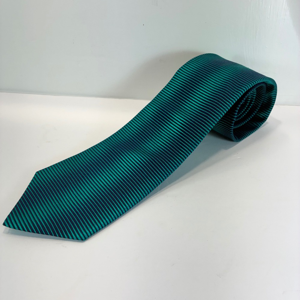 Murano Mens Silk Tie Emerald Green Navy Blue Striped Ribbed Texture USA Made